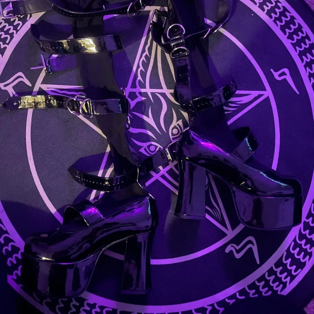 dolls kill sugar thrillz pvc thigh high buckle stocking heels - Picture 3 of 4